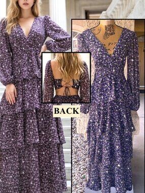 Astr the Label Anora Purple Floral Splash of Gold Long Sleeve Maxi Dress Size S